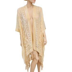 Free People Sheer Floral Lace Kimono Cover-Up Fringe Tassel Boho Beige One Size